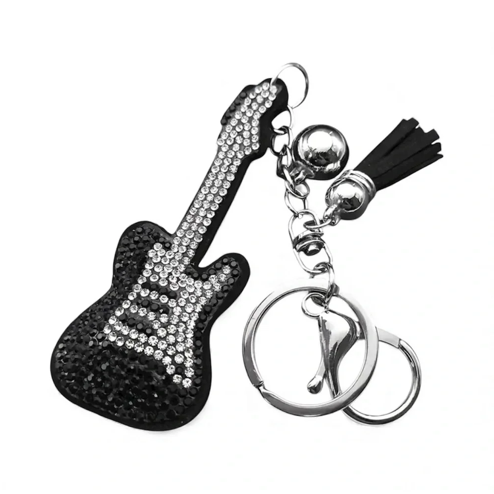 Bag Charm Bling Guitar Rhinestone Bag Charm Black Silver Bag Charm Keychain